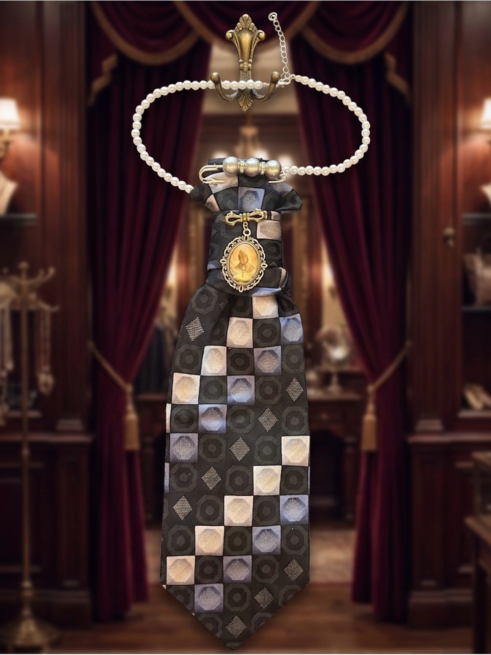 Hand Crafted Black Patterned Tie with Gold Medallion and Blue-Brown Accents
